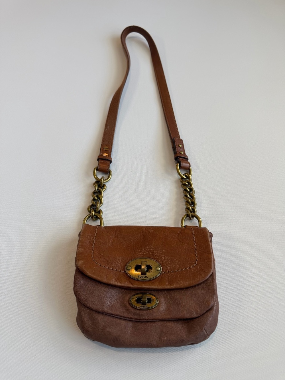 Fossil Mason Mini Flap Crossbody Bag Cognac Brown Genuine Leather Gold Vintage